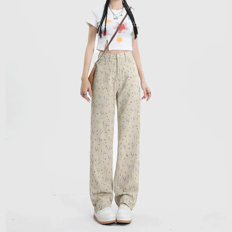 Vintage Floral High Waist Jeans Women’s Wide Leg Straight Casual Pants