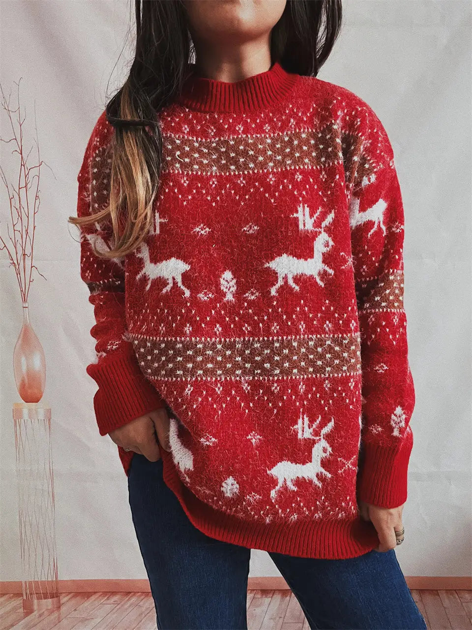 Women’s Fashion Round Neck Long Sleeve Deer Snowflake Jacquard Christmas Sweater