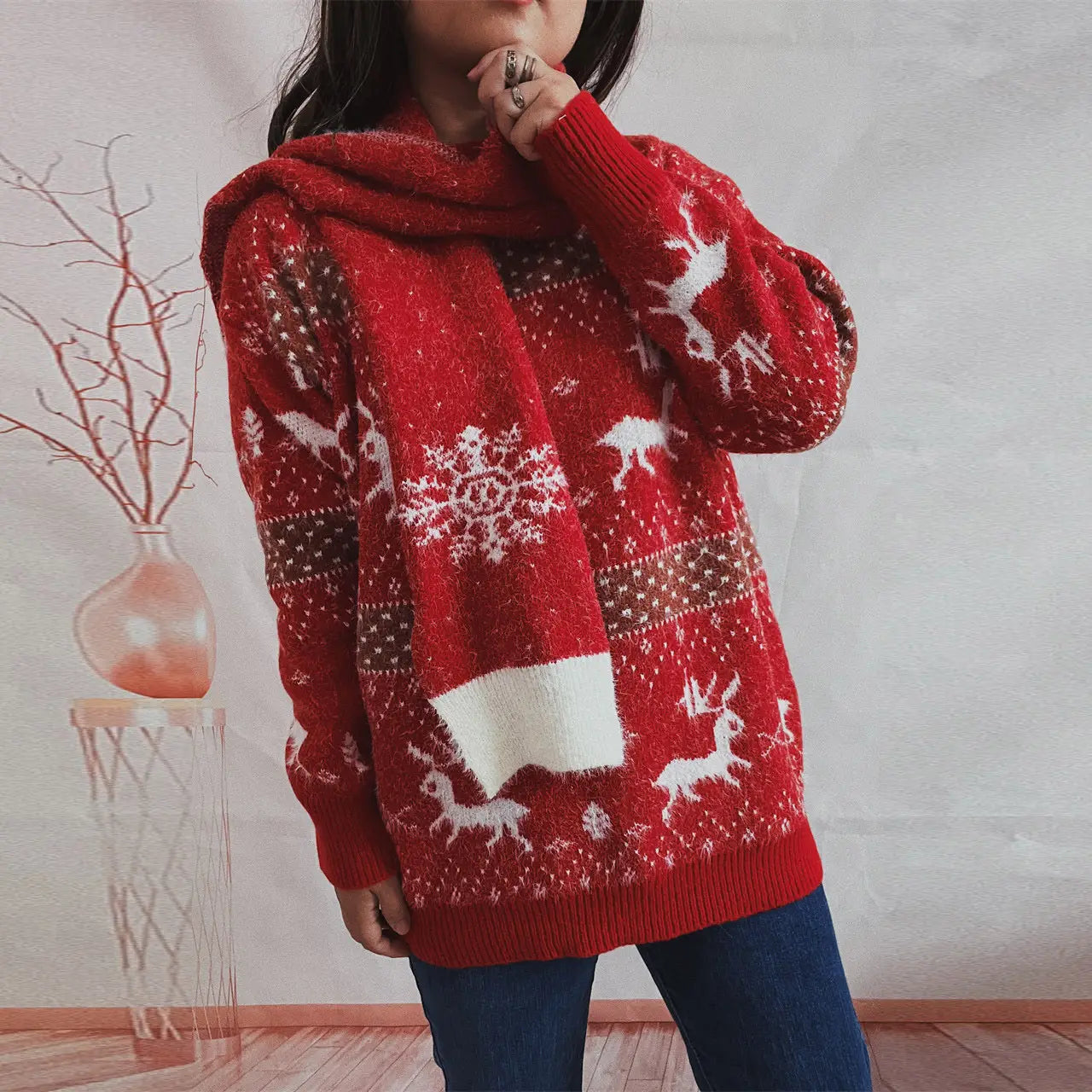 Women’s Fashion Round Neck Long Sleeve Deer Snowflake Jacquard Christmas Sweater
