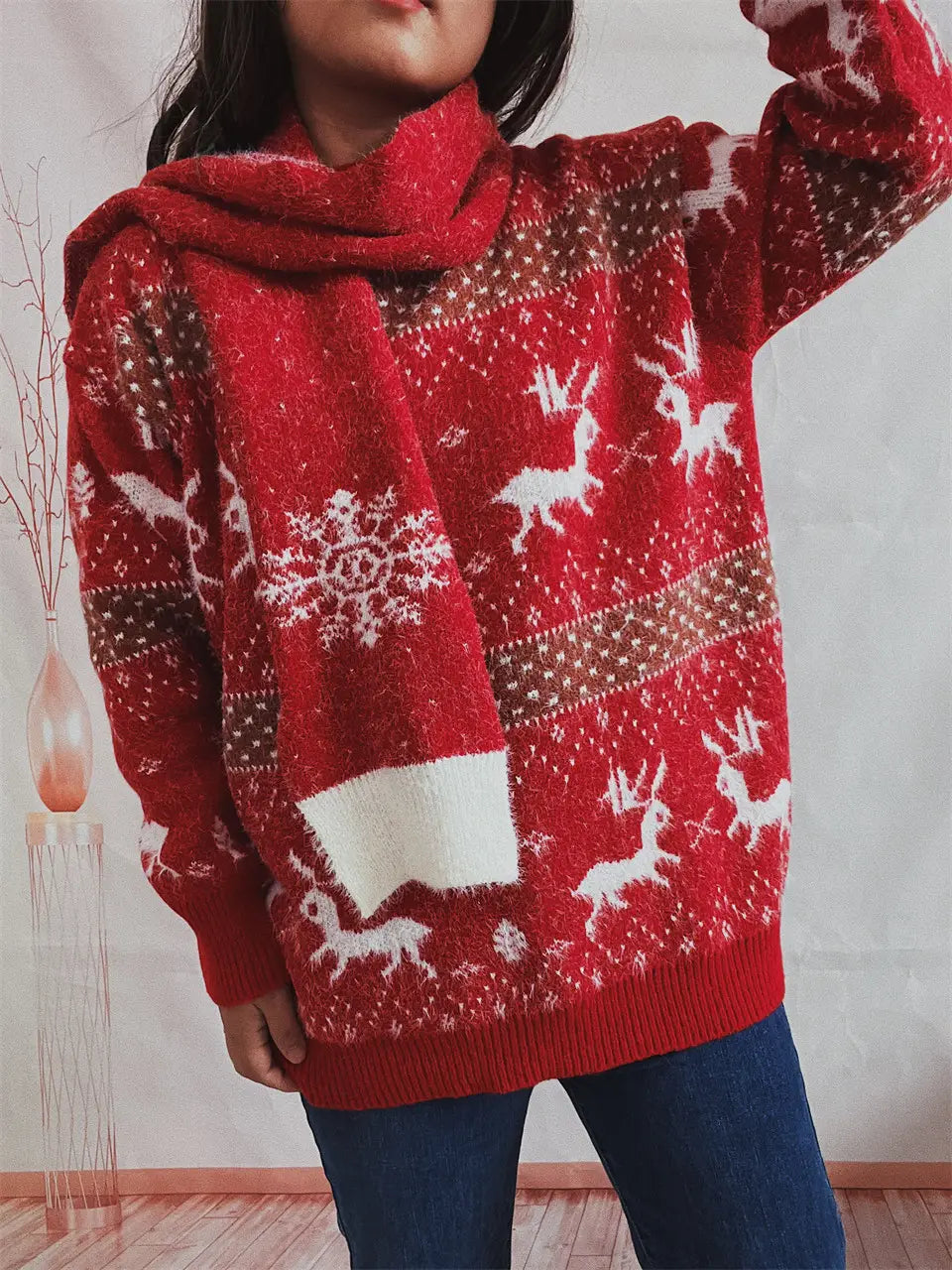Women’s Fashion Round Neck Long Sleeve Deer Snowflake Jacquard Christmas Sweater