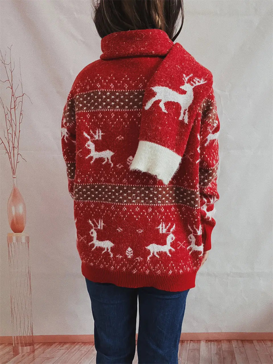 Women’s Fashion Round Neck Long Sleeve Deer Snowflake Jacquard Christmas Sweater