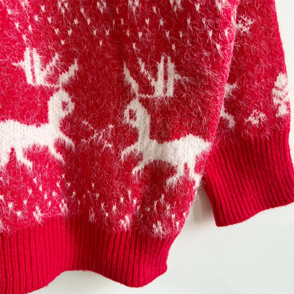 Women’s Fashion Round Neck Long Sleeve Deer Snowflake Jacquard Christmas Sweater