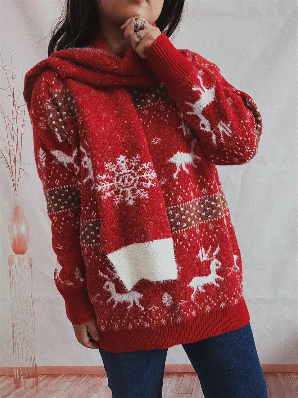 Women’s Fashion Round Neck Long Sleeve Deer Snowflake Jacquard Christmas Sweater