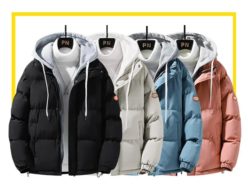 Fashion Hooded Jacket Men Winter Windproof Thickened Two-piece Coat Solid Leisure Sports Cotton Jacket