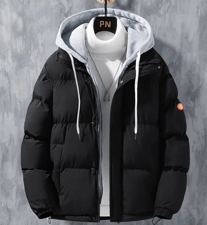 Fashion Hooded Jacket Men Winter Windproof Thickened Two-piece Coat Solid Leisure Sports Cotton Jacket