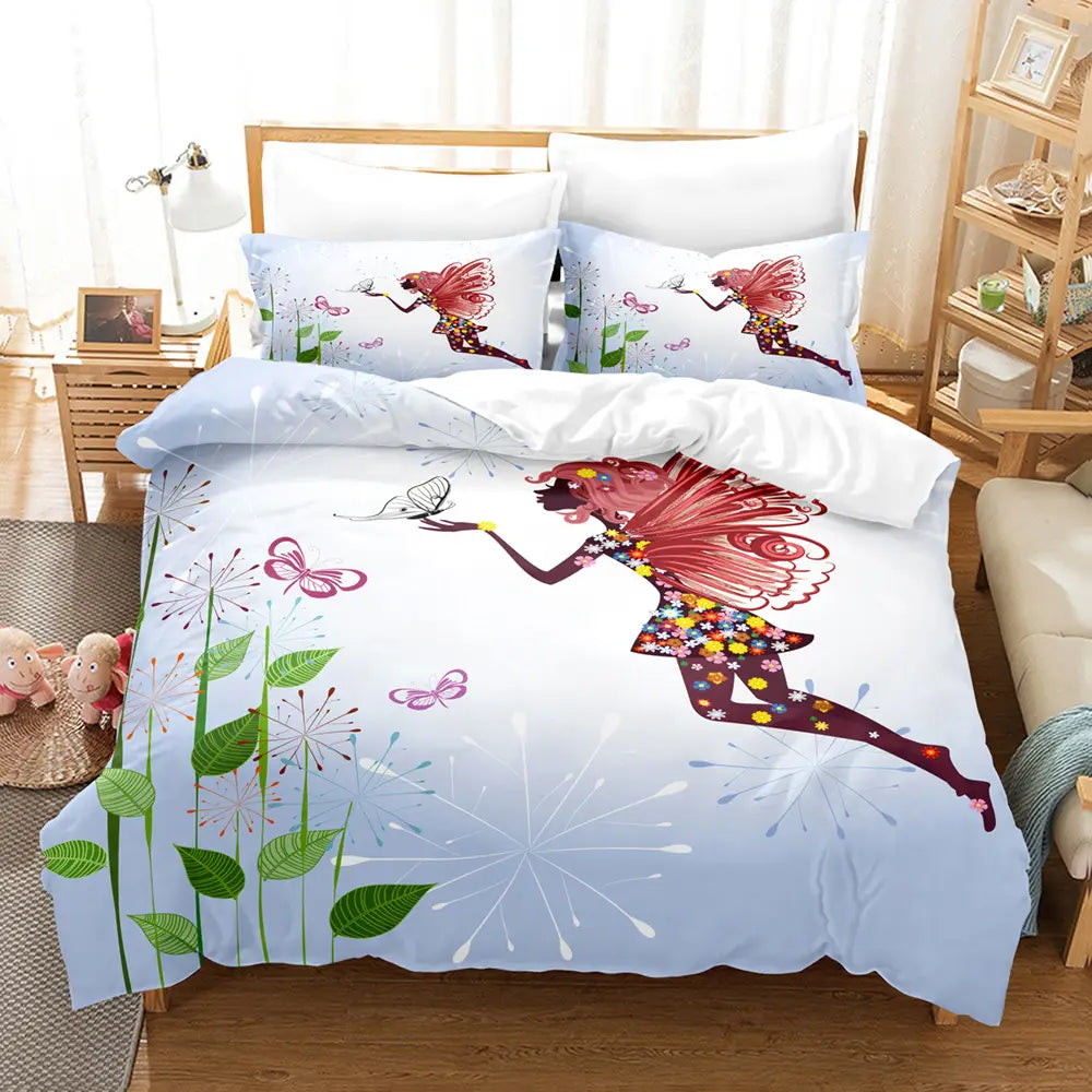Fairy-themed 3D digital printed bedding set for customized bed sheets and duvet covers.