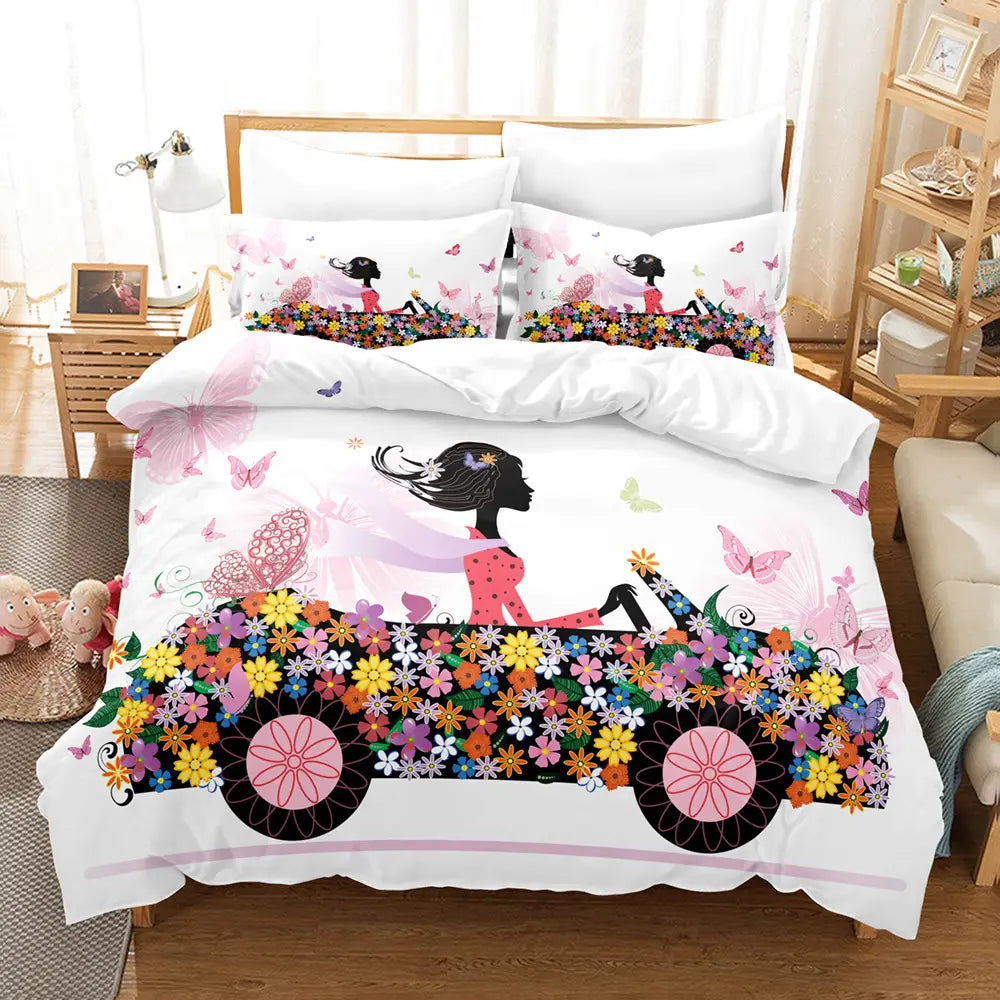 Bedding set featuring floral car and silhouette design in 3D digital print.