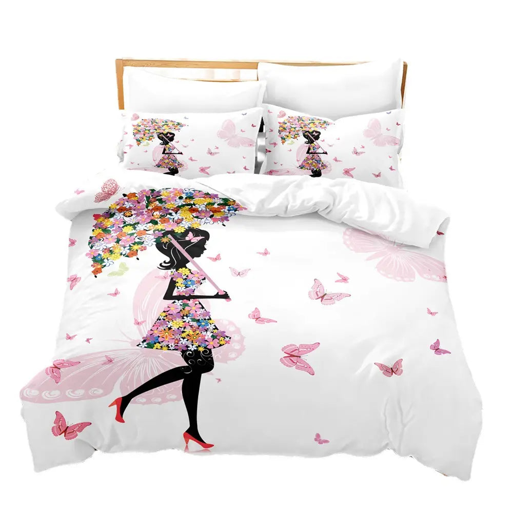 Butterfly-themed bedding set featuring 3D digital prints for customized bed sheets and duvet covers.