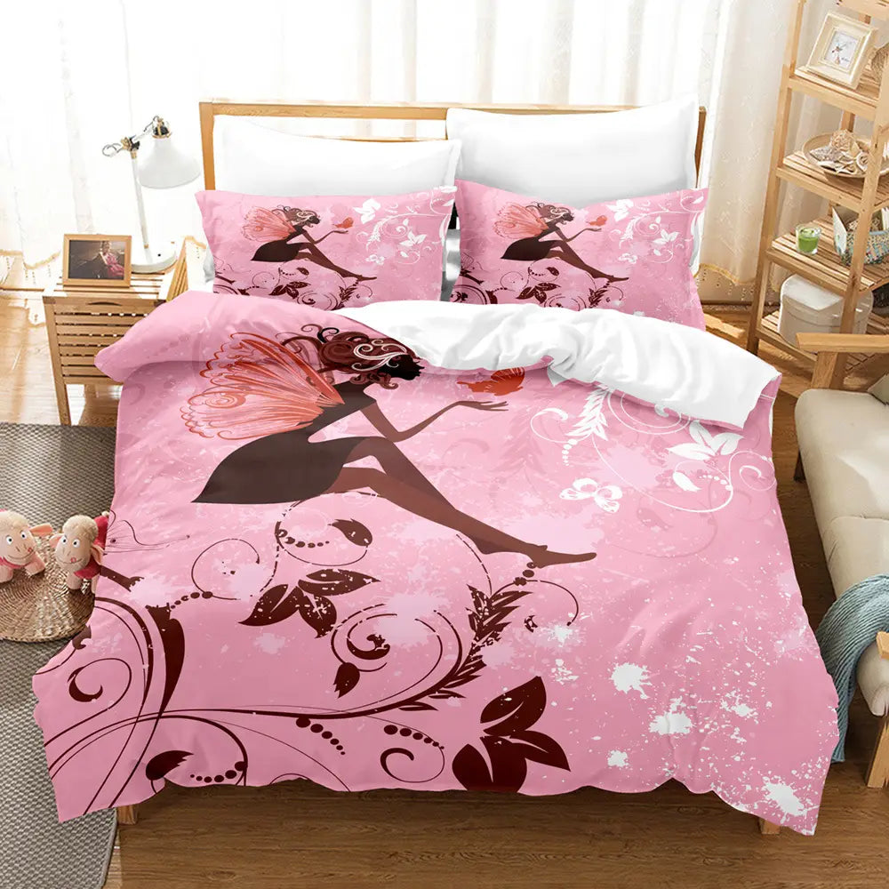 Pink fairy-themed bedding set in 3D Digital Printed Bedding Kit for customized decor.