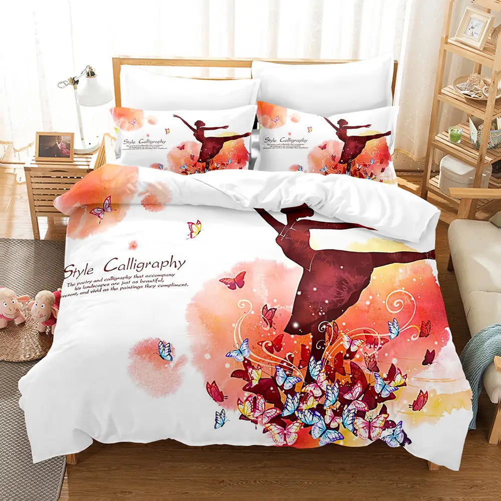 Butterfly-themed 3D digital printed bedding set for customizable bed sheets and duvet covers.