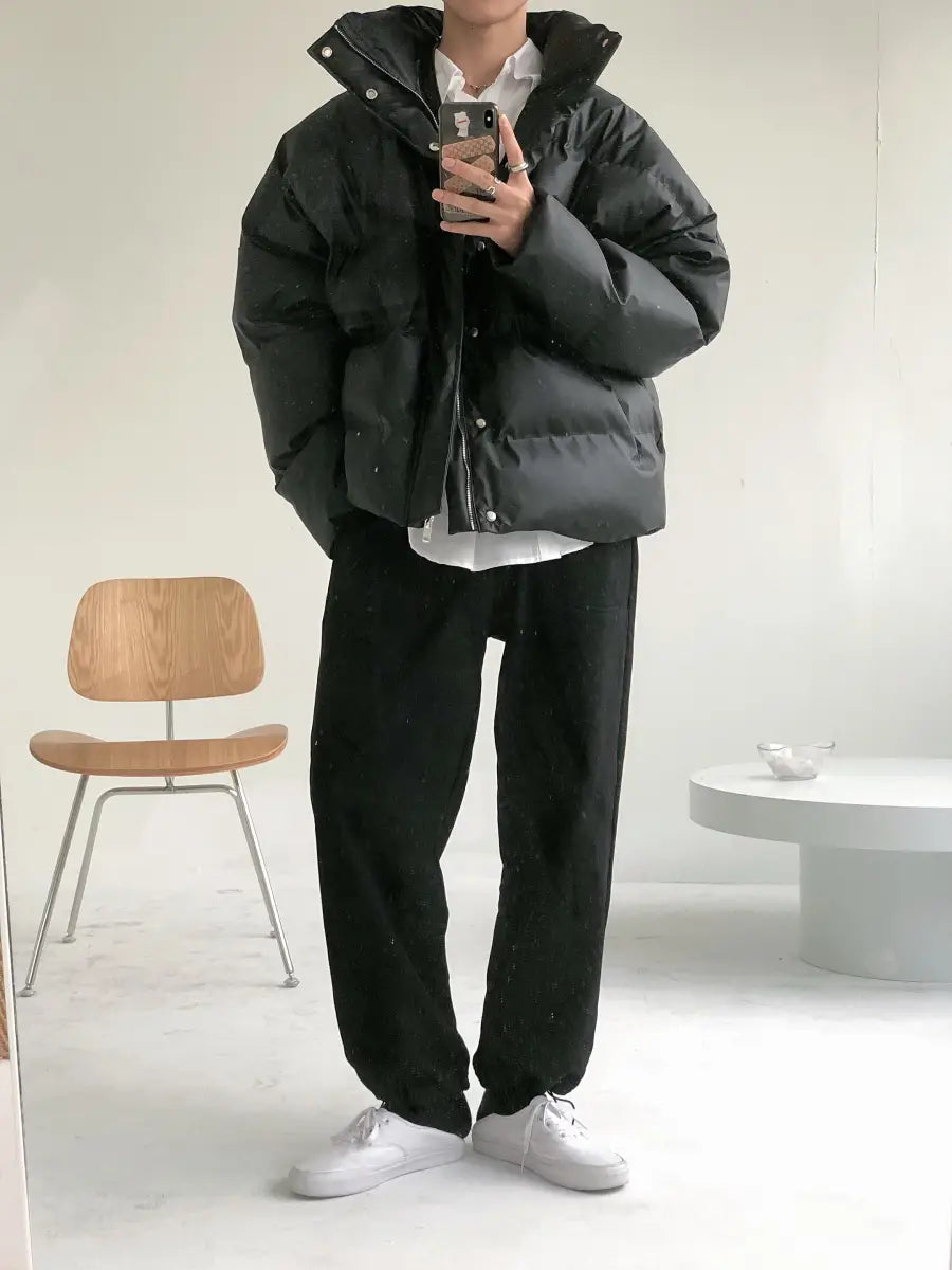 Stand Collar PU Leather Cotton-padded Coat For Men Loose Padded Coat