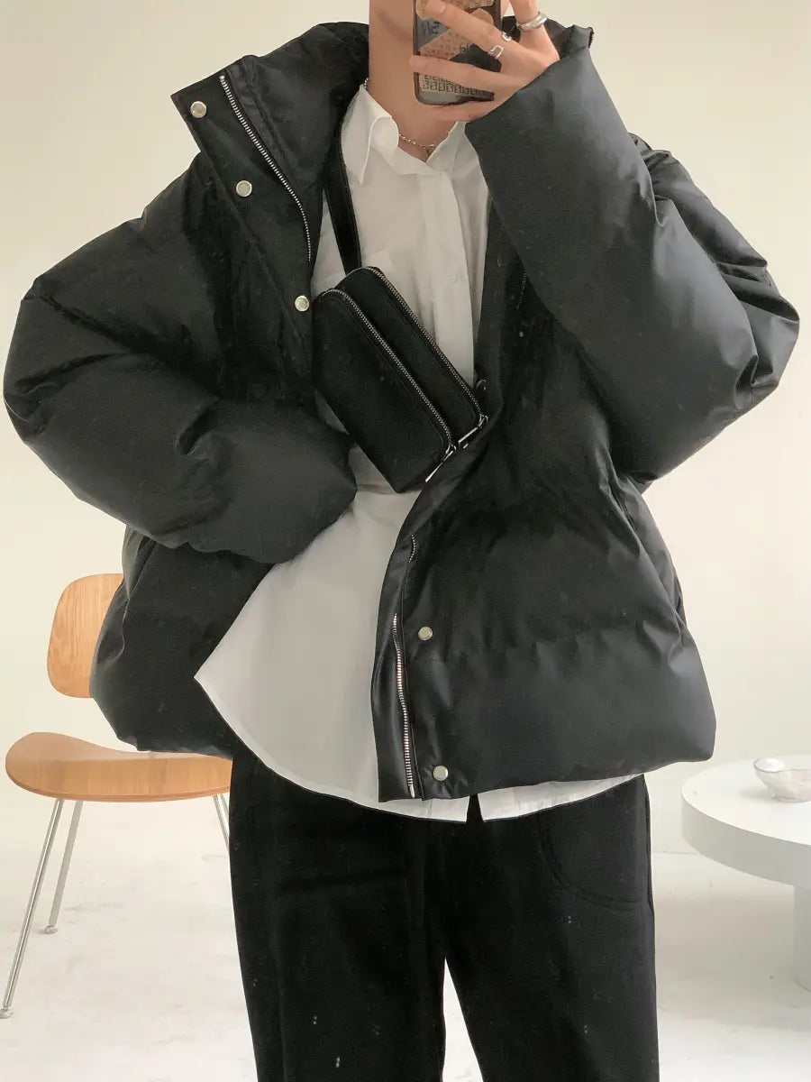 Stand Collar PU Leather Cotton-padded Coat For Men Loose Padded Coat