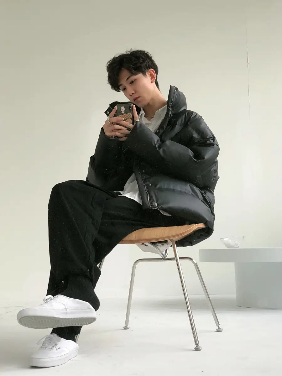 Stand Collar PU Leather Cotton-padded Coat For Men Loose Padded Coat