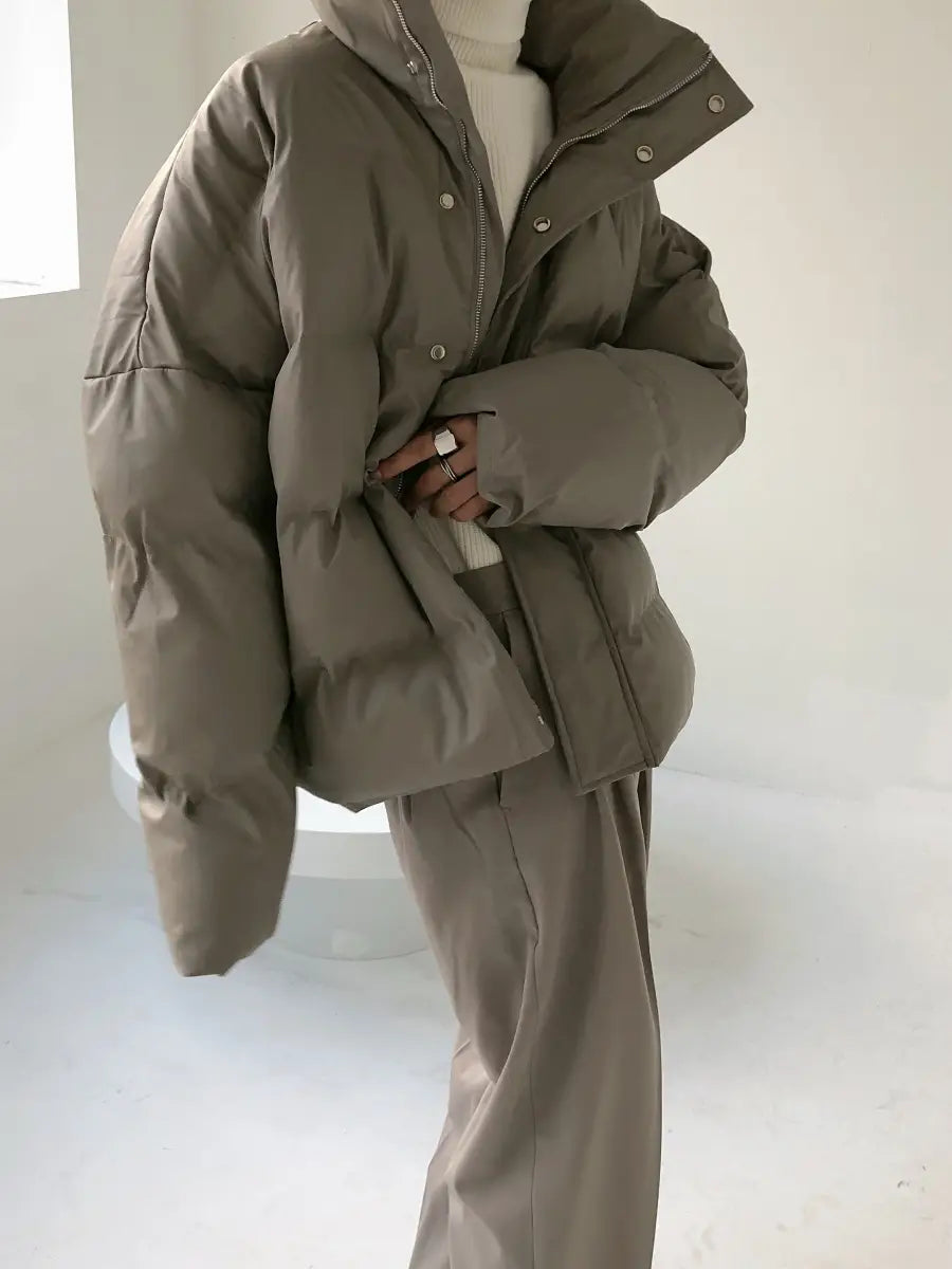 Stand Collar PU Leather Cotton-padded Coat For Men Loose Padded Coat