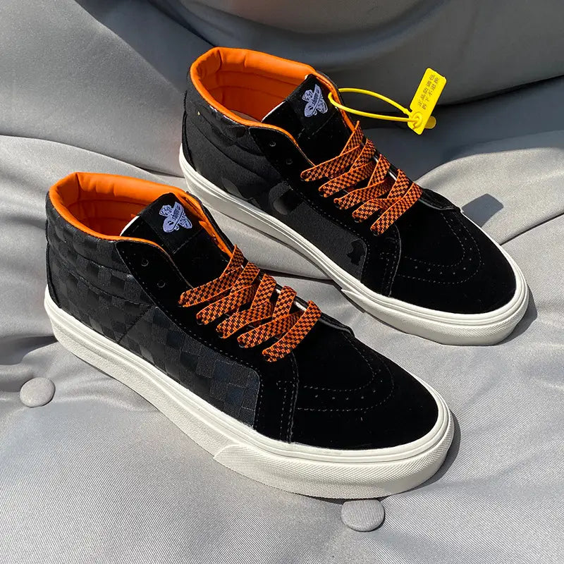 University Style Men’s Shoes Black Orange Plaid Mid-top Canvas