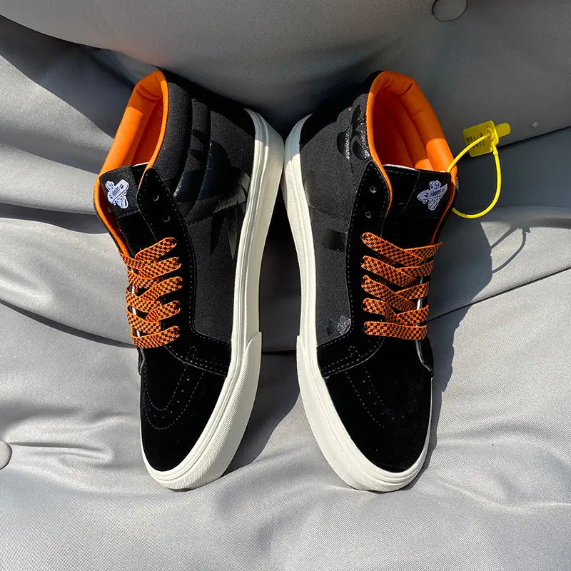 University Style Men’s Shoes Black Orange Plaid Mid-top Canvas