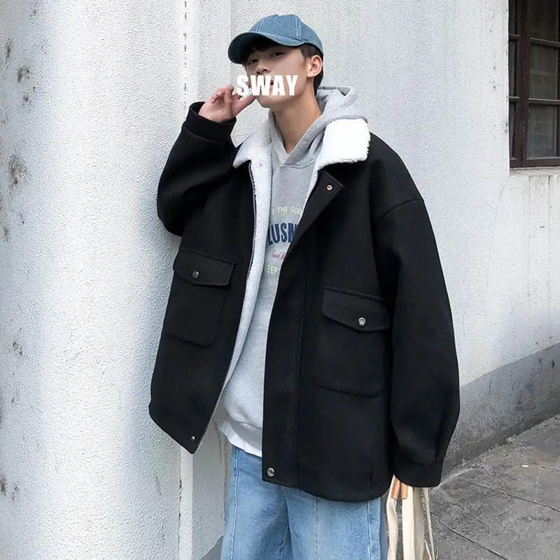 Lamb Plush Woolen Coat For Men Versatile In Winter Japanese Style Thickened For Warmth