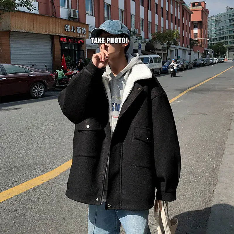 Lamb Plush Woolen Coat For Men Versatile In Winter Japanese Style Thickened For Warmth