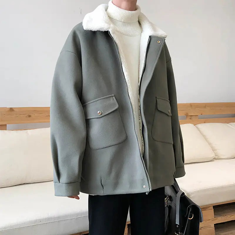 Lamb Plush Woolen Coat For Men Versatile In Winter Japanese Style Thickened For Warmth