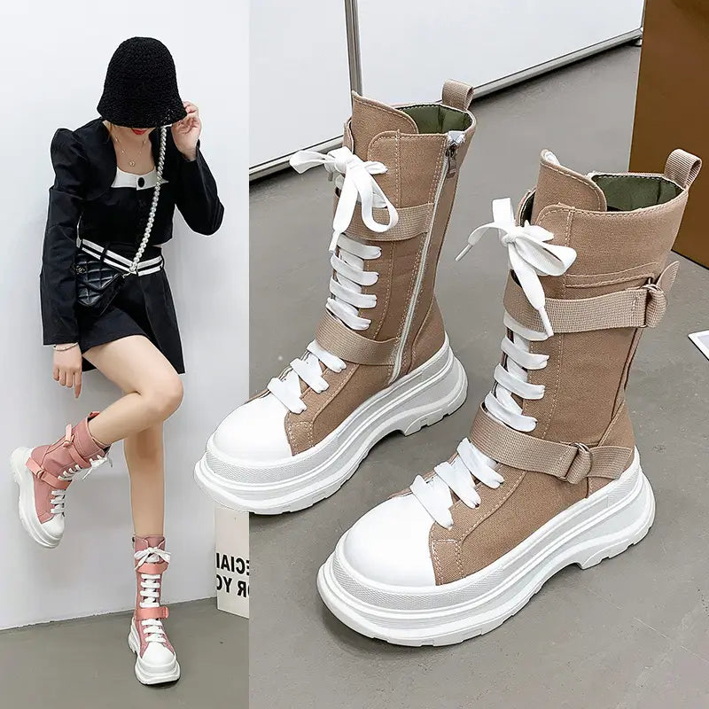 Women’s Fashion Casual Platform Lace-up Canvas Boots