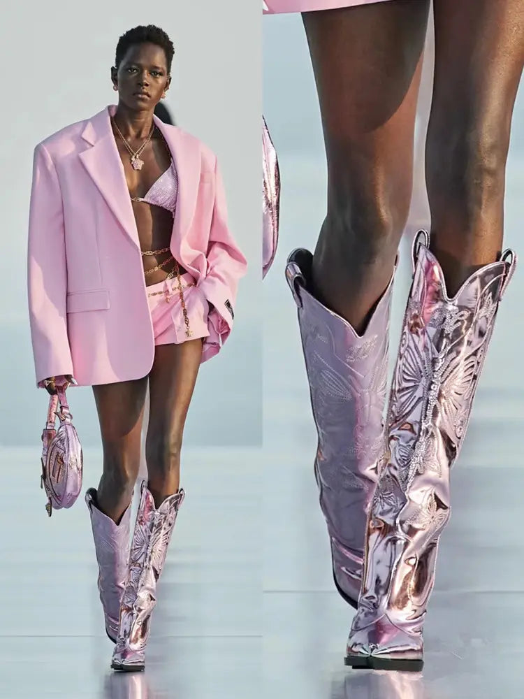 Women’s High-heeled Metal Pointed-toe Bowknot Embroidered Boots