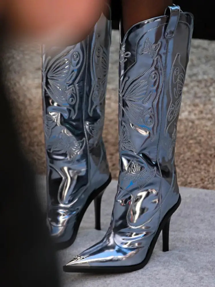 Women’s High-heeled Metal Pointed-toe Bowknot Embroidered Boots