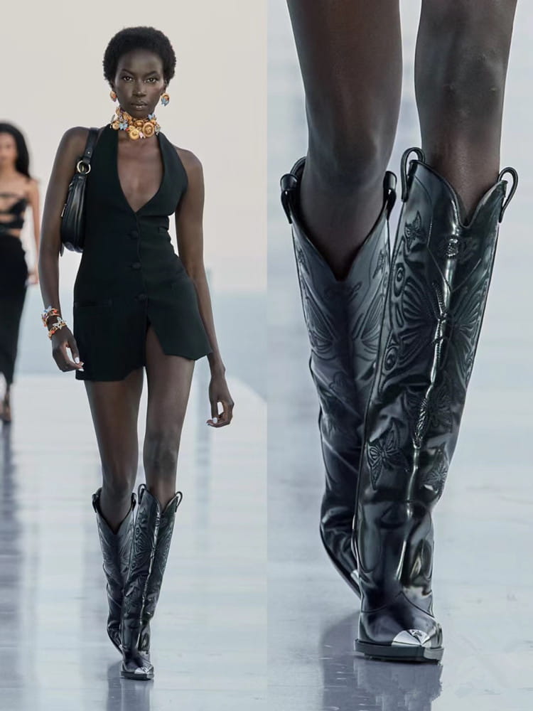 Women’s High-heeled Metal Pointed-toe Bowknot Embroidered Boots