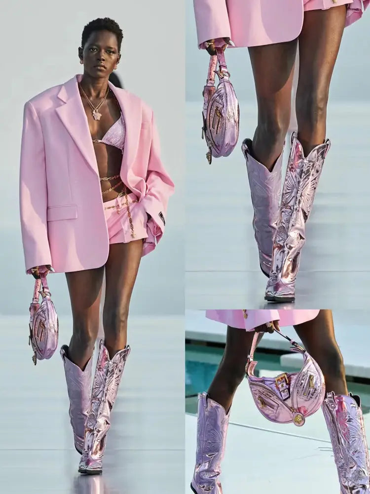 Women’s High-heeled Metal Pointed-toe Bowknot Embroidered Boots