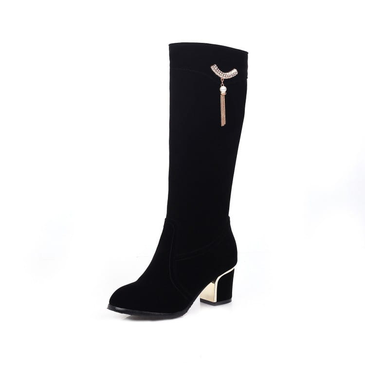 Large And Small Size Women’s Suede Boots Metal Rhinestone Pendant Thick High Heel Side Zipper