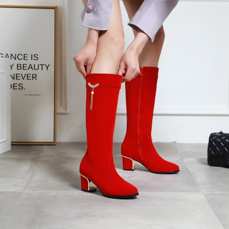 Large And Small Size Women’s Suede Boots Metal Rhinestone Pendant Thick High Heel Side Zipper