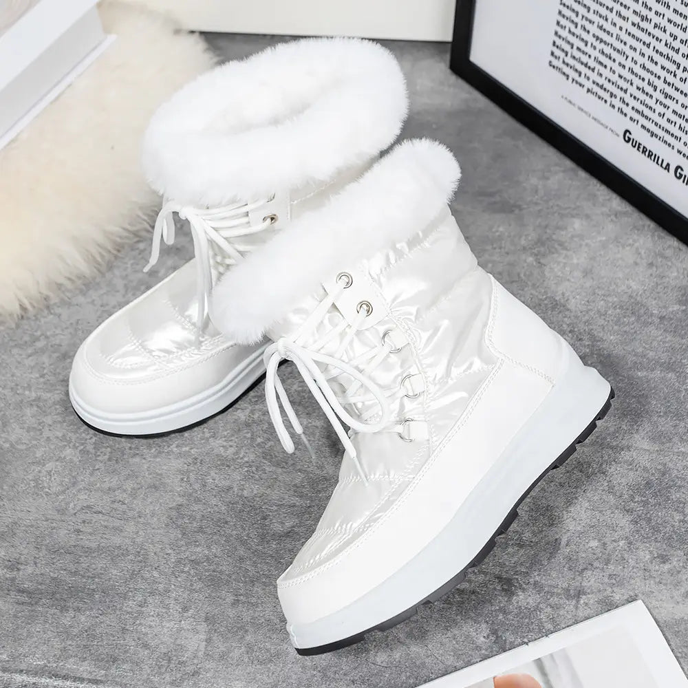 Fur Collar High Tube Warm Women’s Snow Boots Lace-up Waterproof Shoes