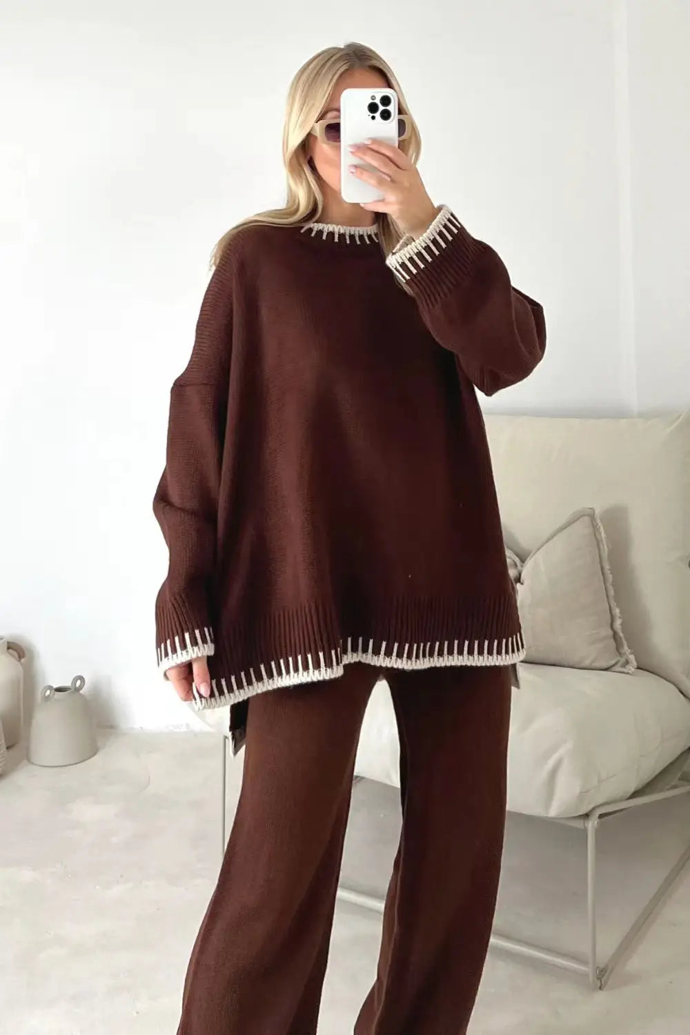 Women’s Suit Fashion Pullover Split Long-sleeved Top And Loose Straight Pants Solid Color Two-piece Set
