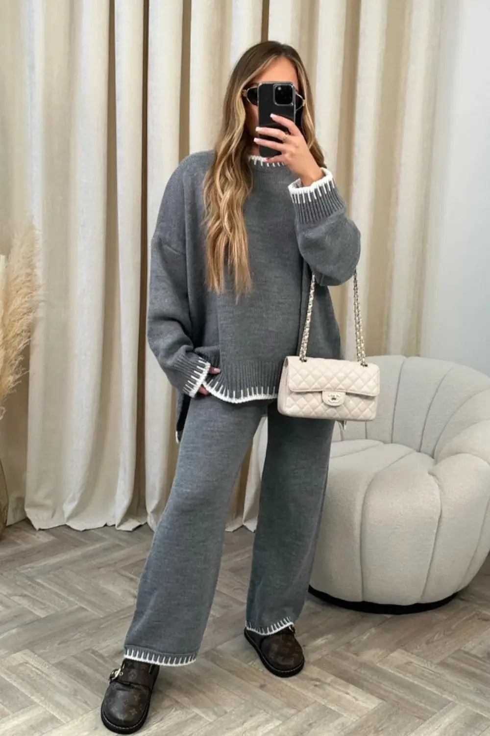 Women’s Suit Fashion Pullover Split Long-sleeved Top And Loose Straight Pants Solid Color Two-piece Set