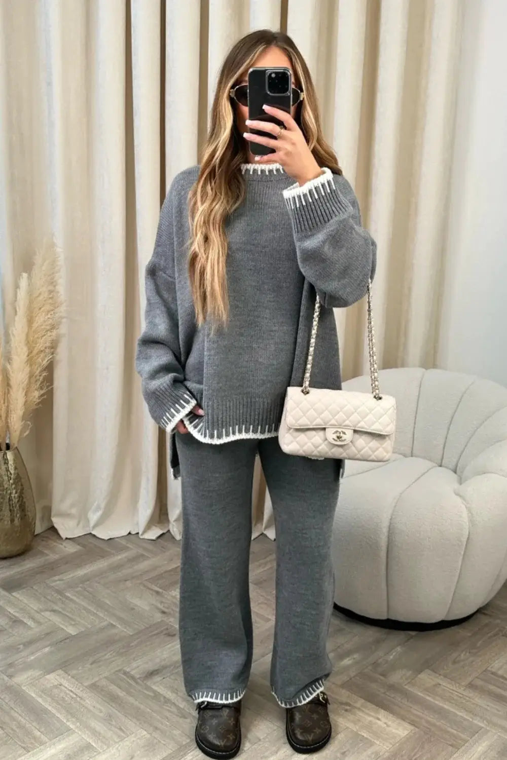 Women’s Suit Fashion Pullover Split Long-sleeved Top And Loose Straight Pants Solid Color Two-piece Set