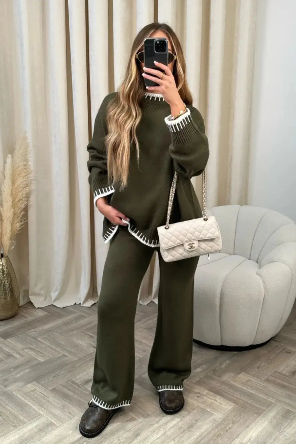 Women’s Suit Fashion Pullover Split Long-sleeved Top And Loose Straight Pants Solid Color Two-piece Set
