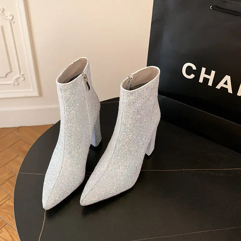 Pointed Toe Chunky Heel Sequined Fashion Women’s Boots