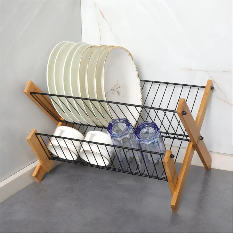 Kitchen Bamboo Folding Dishes Draining Storage Rack