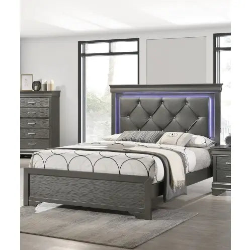 Dark Gray Faux Leather Tufted Headboard 1pc Queen Size Bed