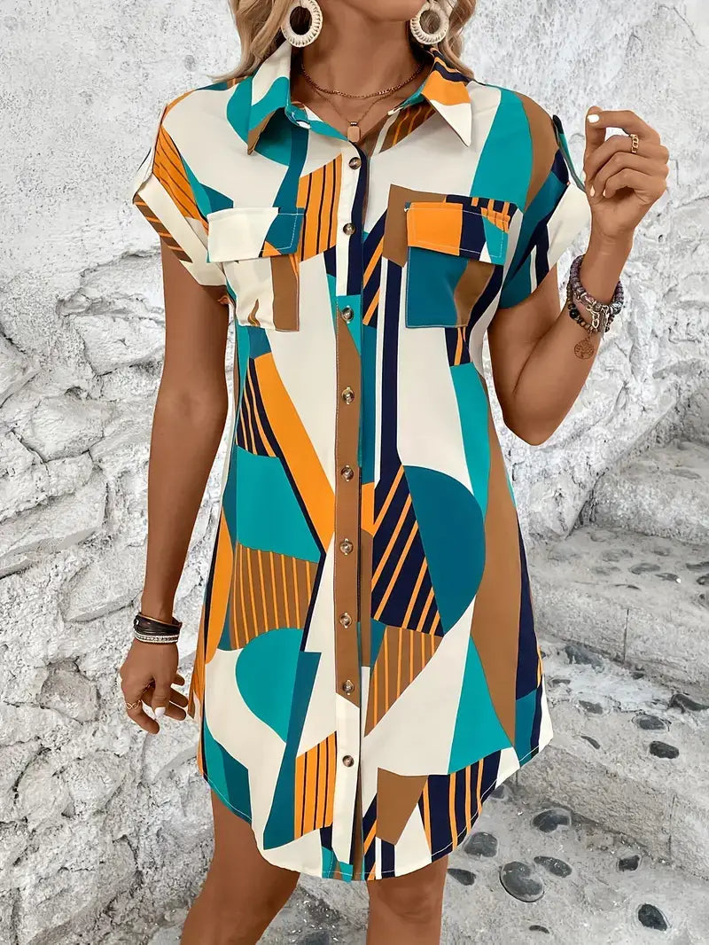 Geometric Printed Shirt Short Dress Women