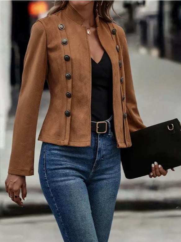 Solid Short Jacket Double Breasted Decorative Design Fashion Retro Suede Long Sleeve Outwear Tops Coat For Womens