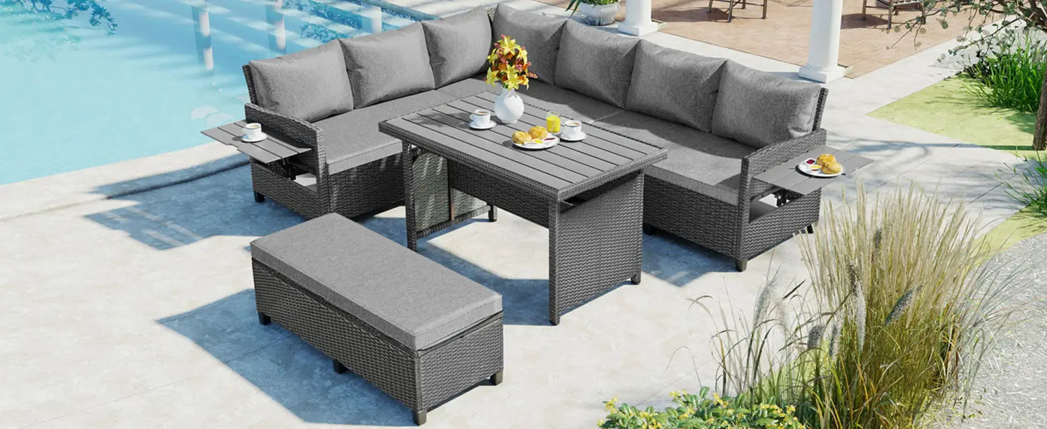 TOMAX 5-Pc Outdoor Patio Rattan Sofa Set L-Shaped PE Wicker Garden Furniture
