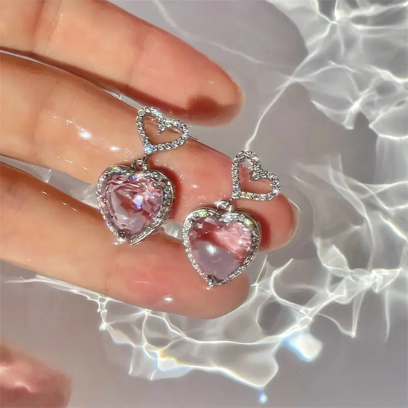 Light Luxury Premium Feeling Pink Crystal Heart Earrings For Women Girls Niche Design Earrings Birthday Jewellery Gift