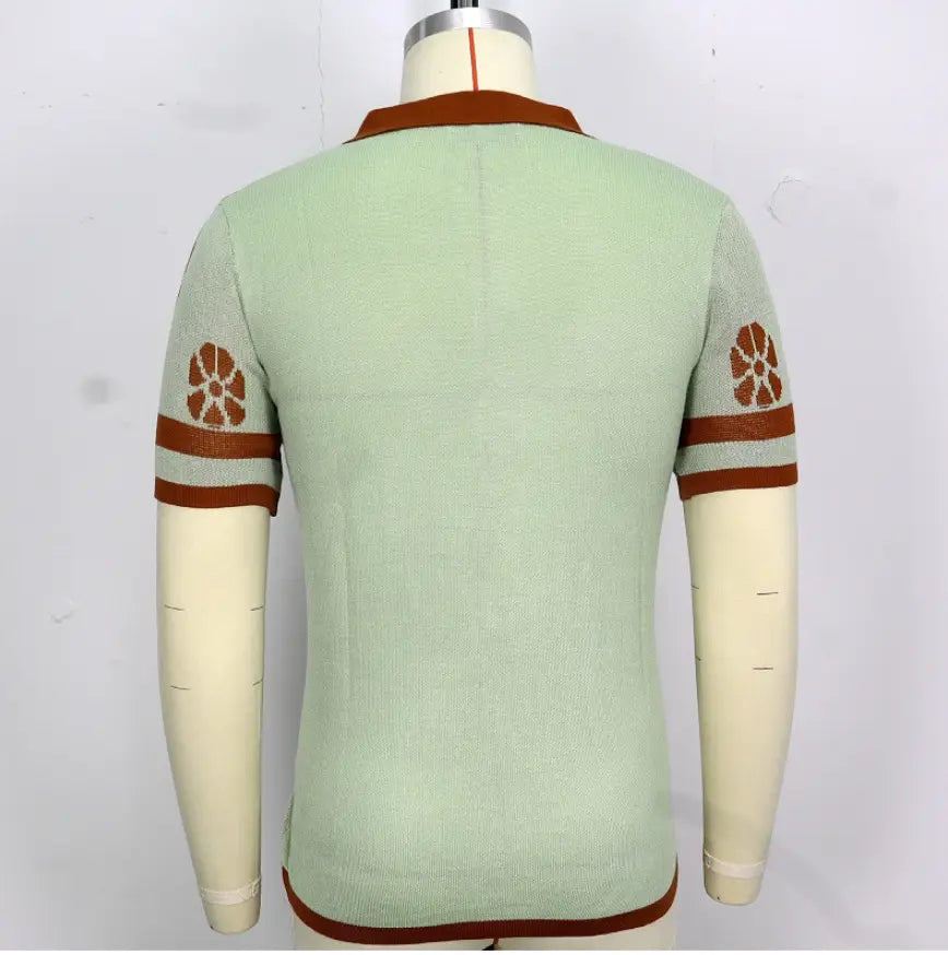 Jacquard Men’s Knitted Shirt Lapel Cardigan Short Sleeve Polo Shirt