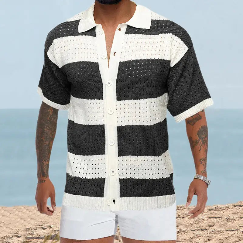 Men’s Cardigan Polo Collar Short Sleeve Color Matching Thin