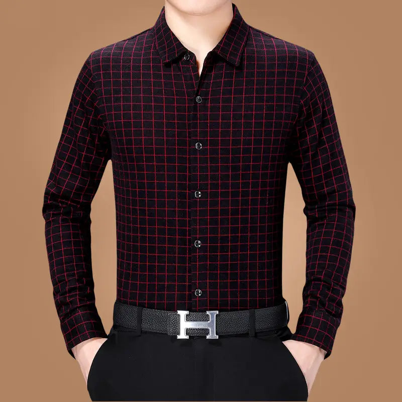 Middle-Aged Spring New Business Casual Plaid Long-Sleeved Shirt For Men