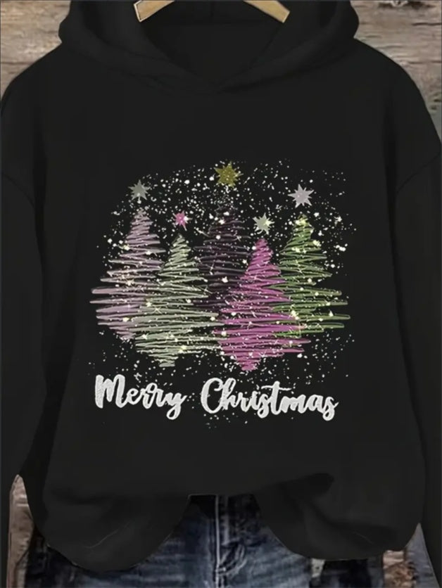 Print Hoodie, Casual Long Sleeve Kangaroo Pocket Drawstring Hoodie Sweatshirt, Women's Clothing