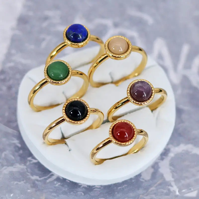 Fashion Jewelry Colorful Natural Stone Inlaid Titanium Steel Ring 18K Gold Plating Red Agate Pink Crystal Amethyst Blue