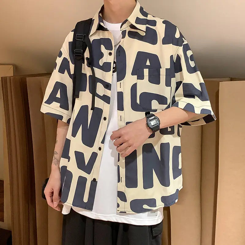 American hip hop short sleeve shirt men’’s thin loose shirt in summer