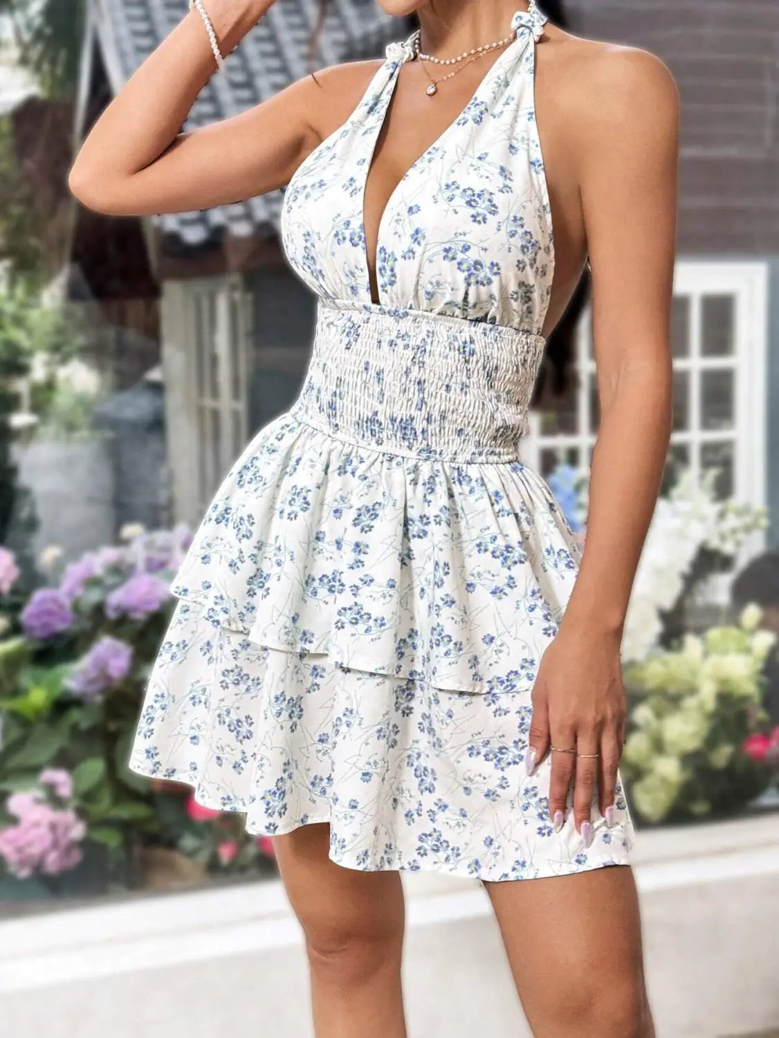 Women’s Holiday Floral Flounce Halterneck With Suspenders Backless Dress