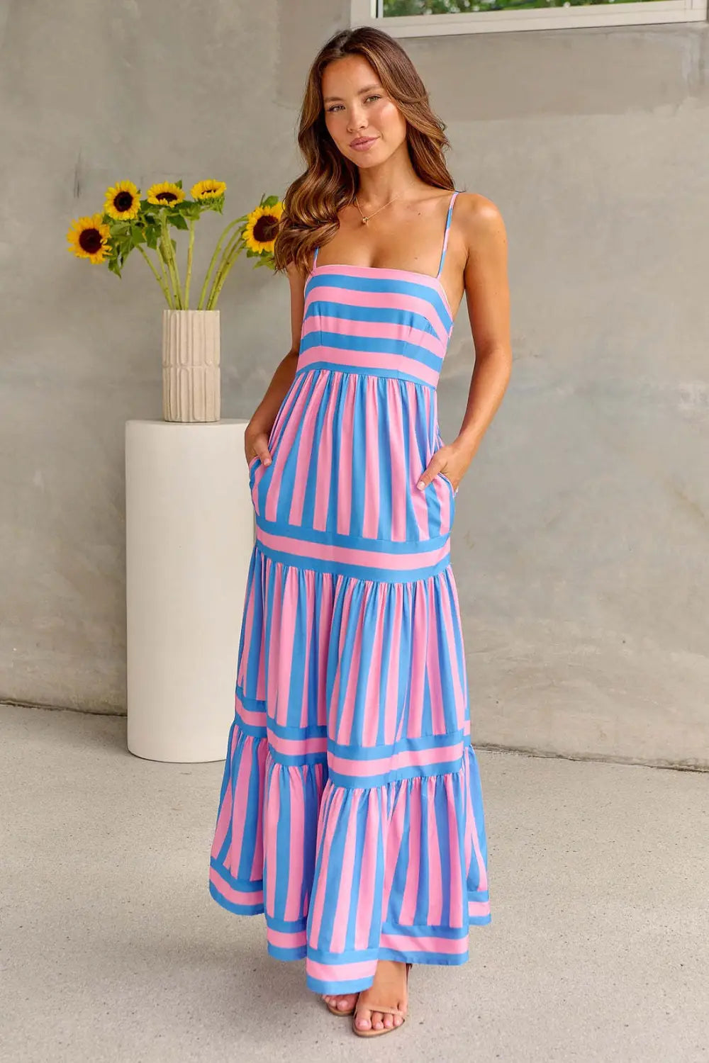 Summer Striped Printed Suspender Long Dress With Pockets Fashion Square Neck Backless Dresses For Beach Vacation Women